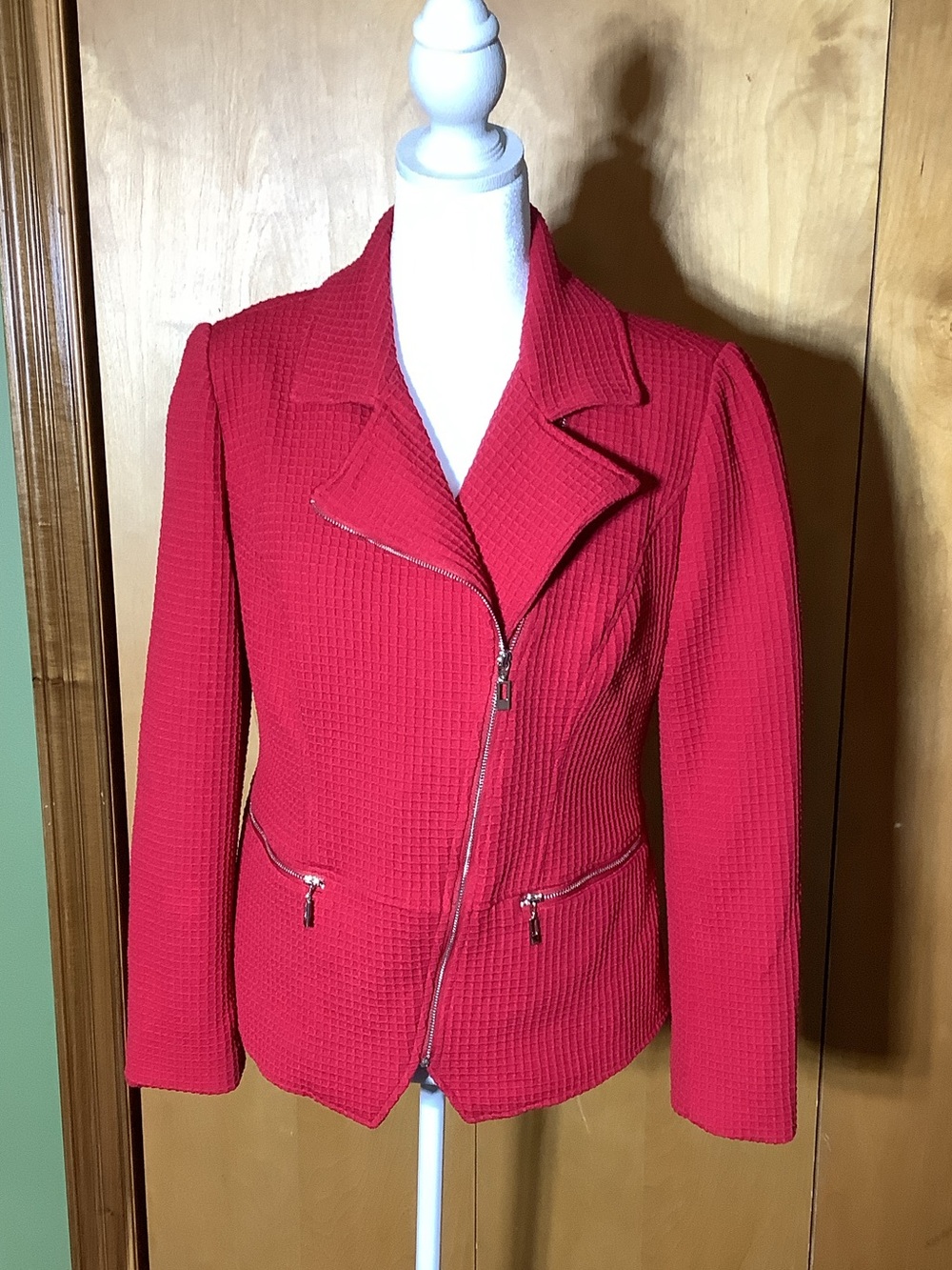 Chico’s red waffle textured moto jacket, size small
